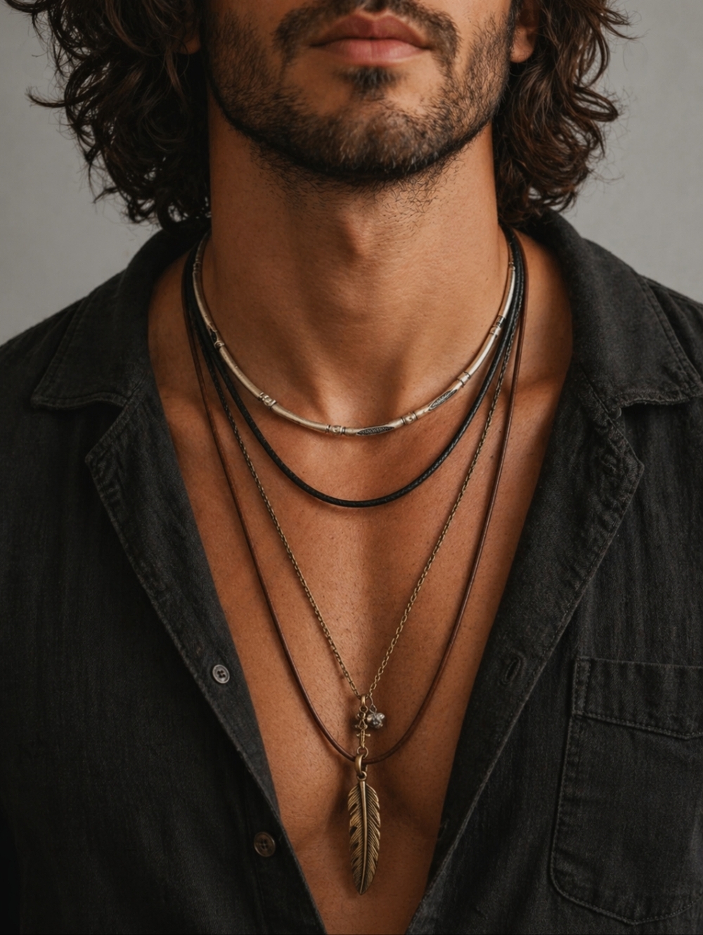Boho Men's Necklace Silver Tone Metallic Western Southwestern